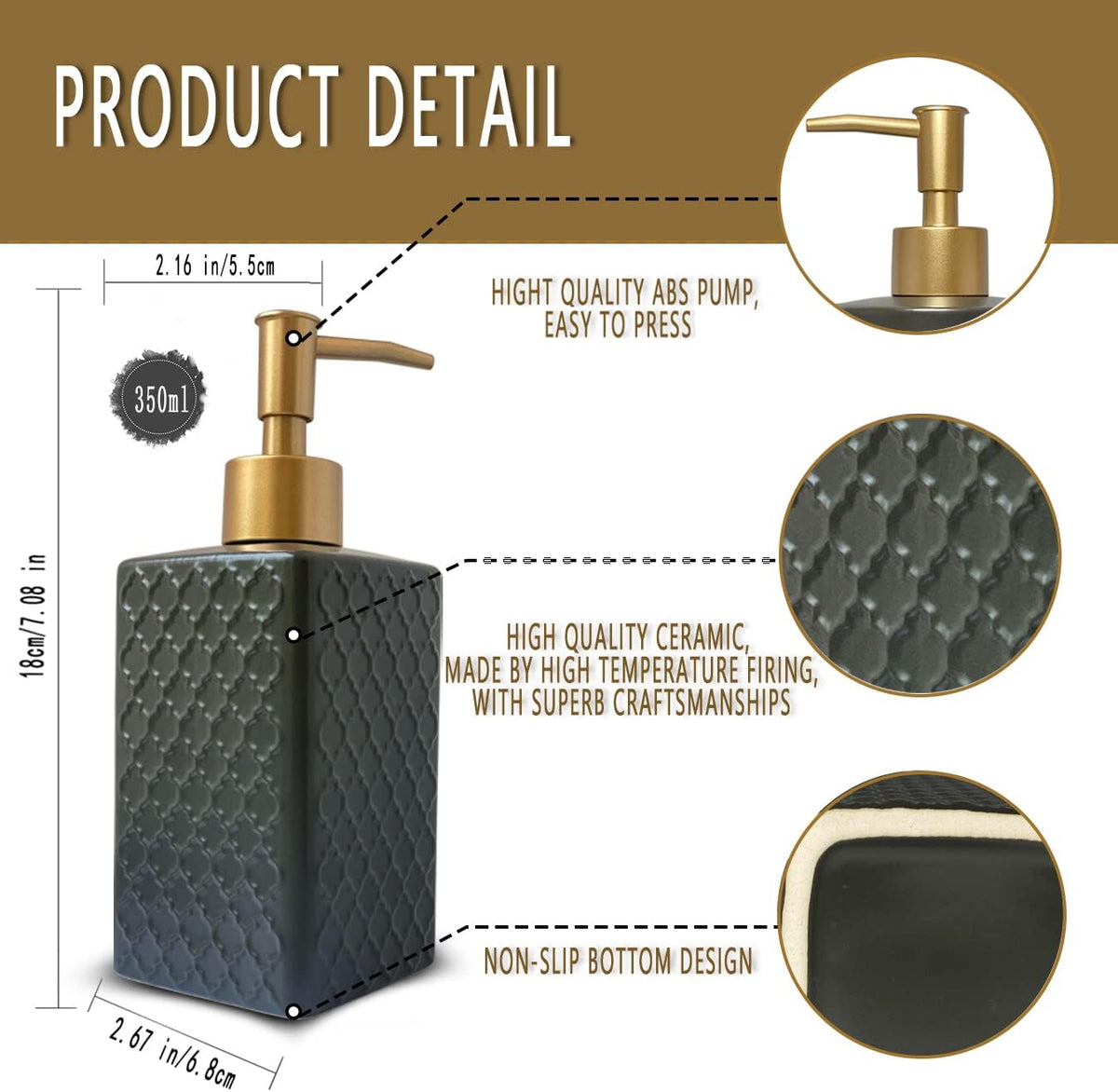 Gold Soap Dispenser for Bathroom,Retro Black Square Lotion Dispenser, Refillable Countertop Ceramic