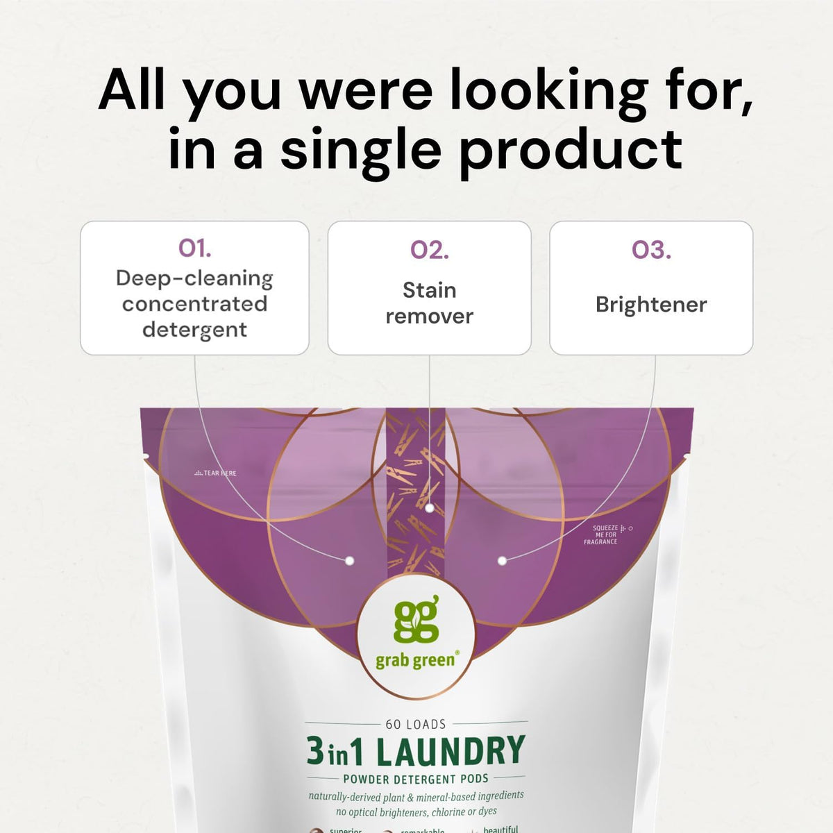 Grab Green 3-in-1 Laundry Detergent Pods, 60 Count, Fragrance Free, Plant and Mineral Based