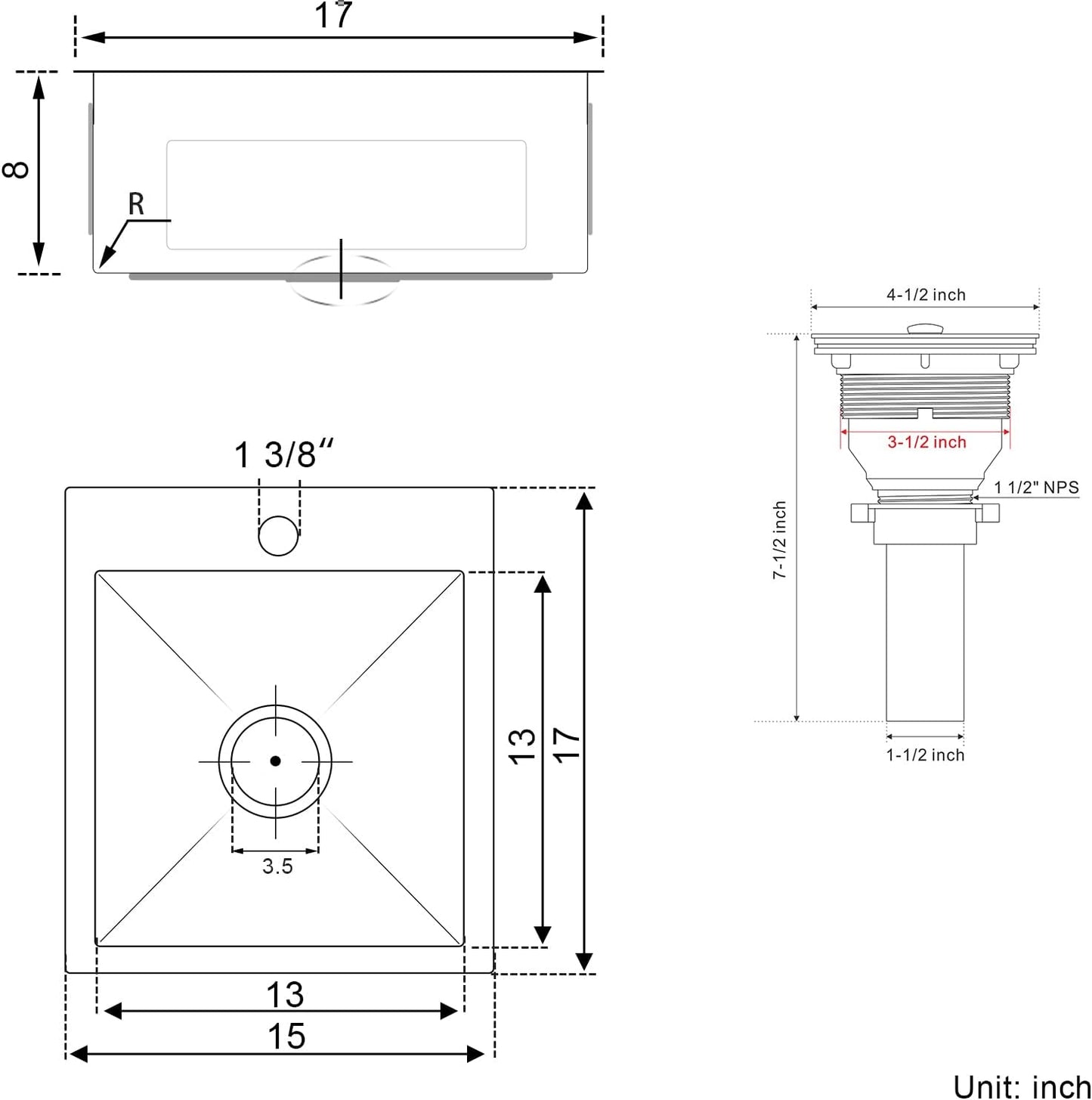 15x17 inch Bar Sink Drop in, Handmade 304 Stainless Steel Sink, 8" Deep Single Bowl, R10 Tight
