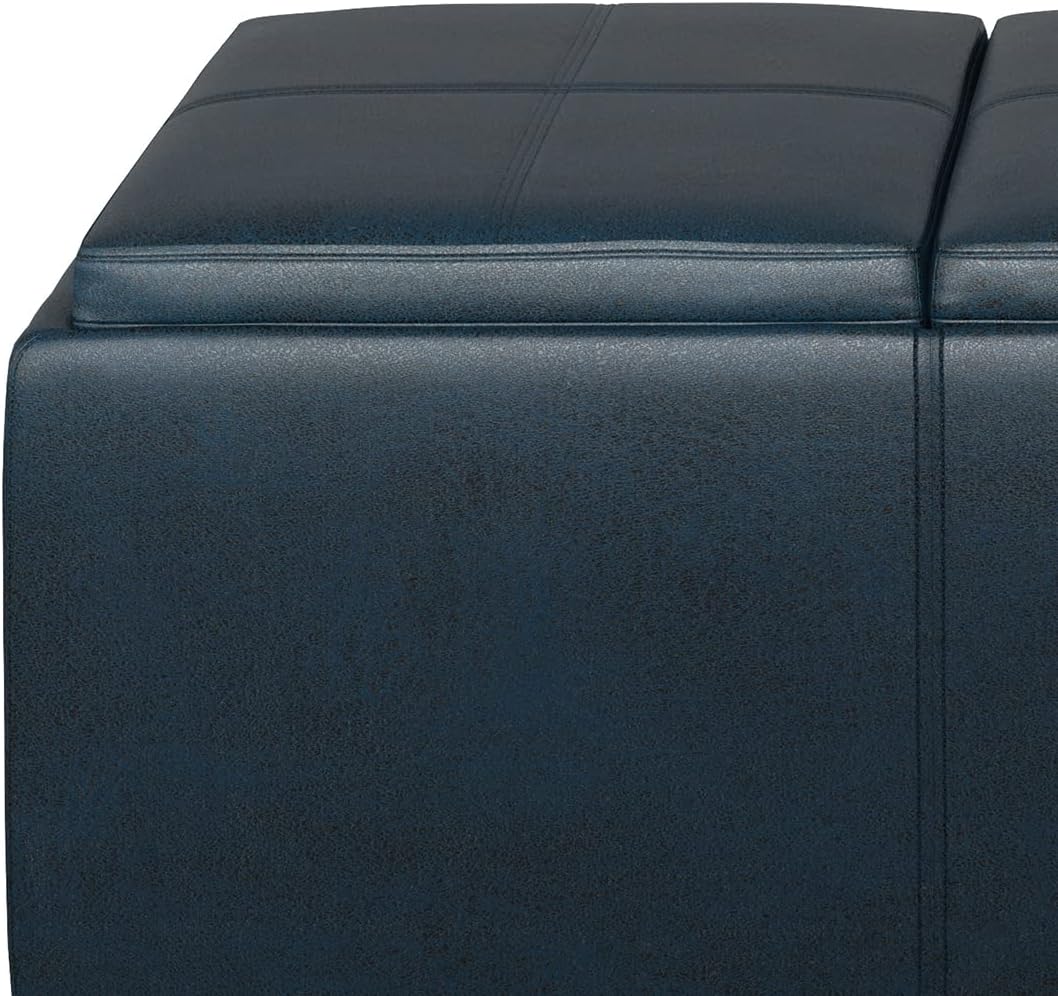 SIMPLIHOME Avalon 42 inch Wide Contemporary Rectangle Storage Ottoman in Distressed Dark Blue Vegan