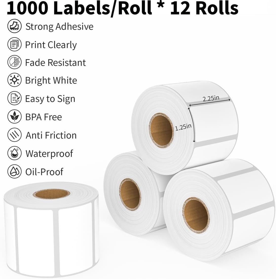Thermal Labels 2.25 x 1.25, Adhesive Label Stickers 12 Rolls 12000 Label Papers for Barcode, FNSKU