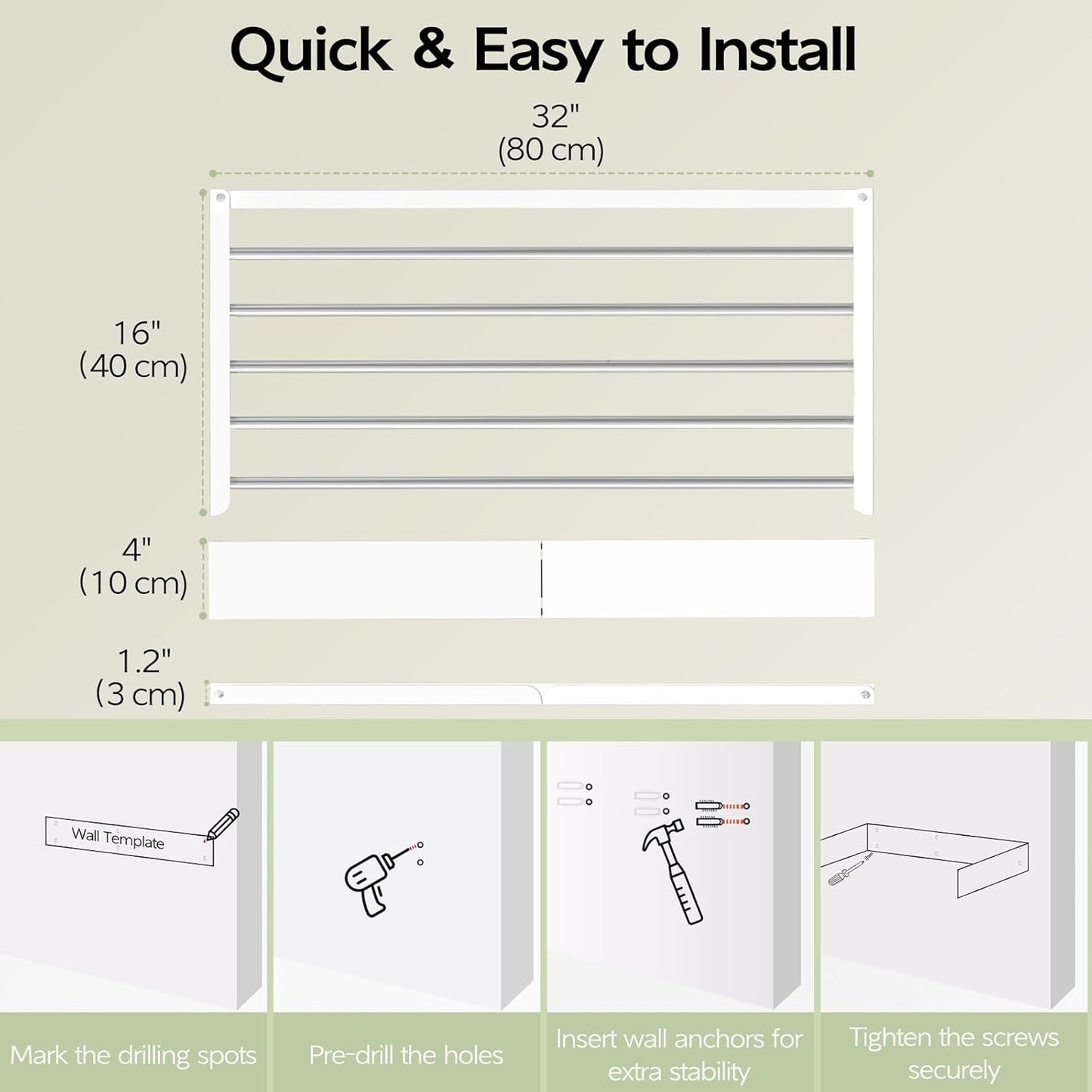 Wall Mounted Clothes Drying Rack 32", Foldable Wall Mount Laundry Rack Folding Indoor, Drying Rack