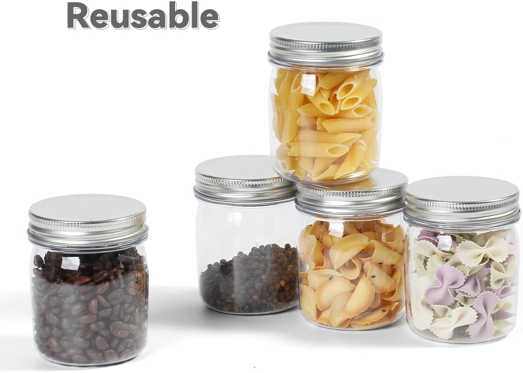 Plastic Mason Jars Reusable Storage Containers with Silver Airtight Lid 8 Ounce Clear Jars for Dry