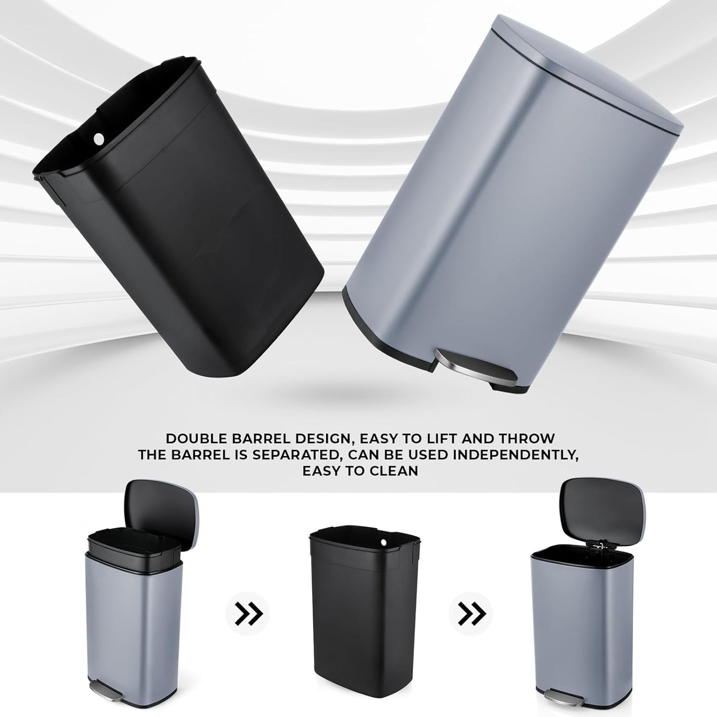 13.2 Gal Kitchen Trash Can, 50L Recycling or Garbage Bin, Brushed Stainless Steel Waste Basket