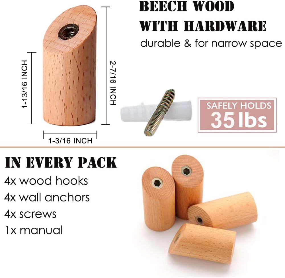 Wood Wall Hooks, 4 Pack Coat Hooks Mounted Rustic Wooden Heavy Duty Robe Hook Hat Rack | for