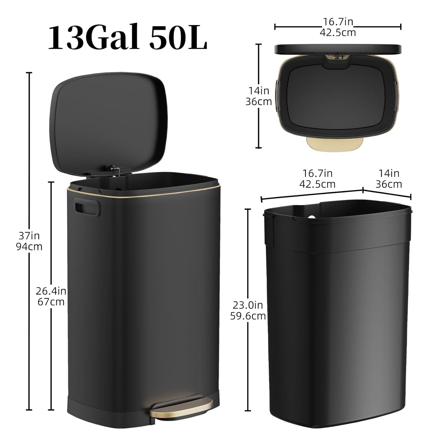 13 Gallon Trash Can with Lid, 50L Fingerprint Proof Stainless Steel Kitchen Trash Can with