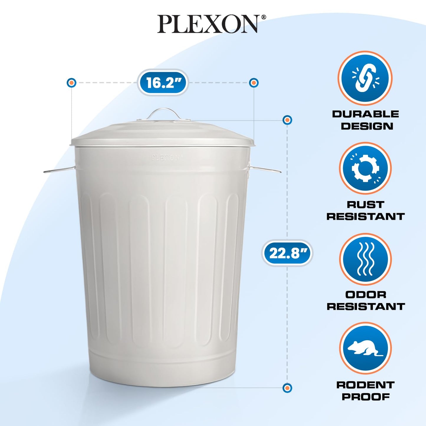 Plexon 13-Gallon Galvanized Steel Round Trash Can with Lid, Indoor and Outdoor Use, Durable