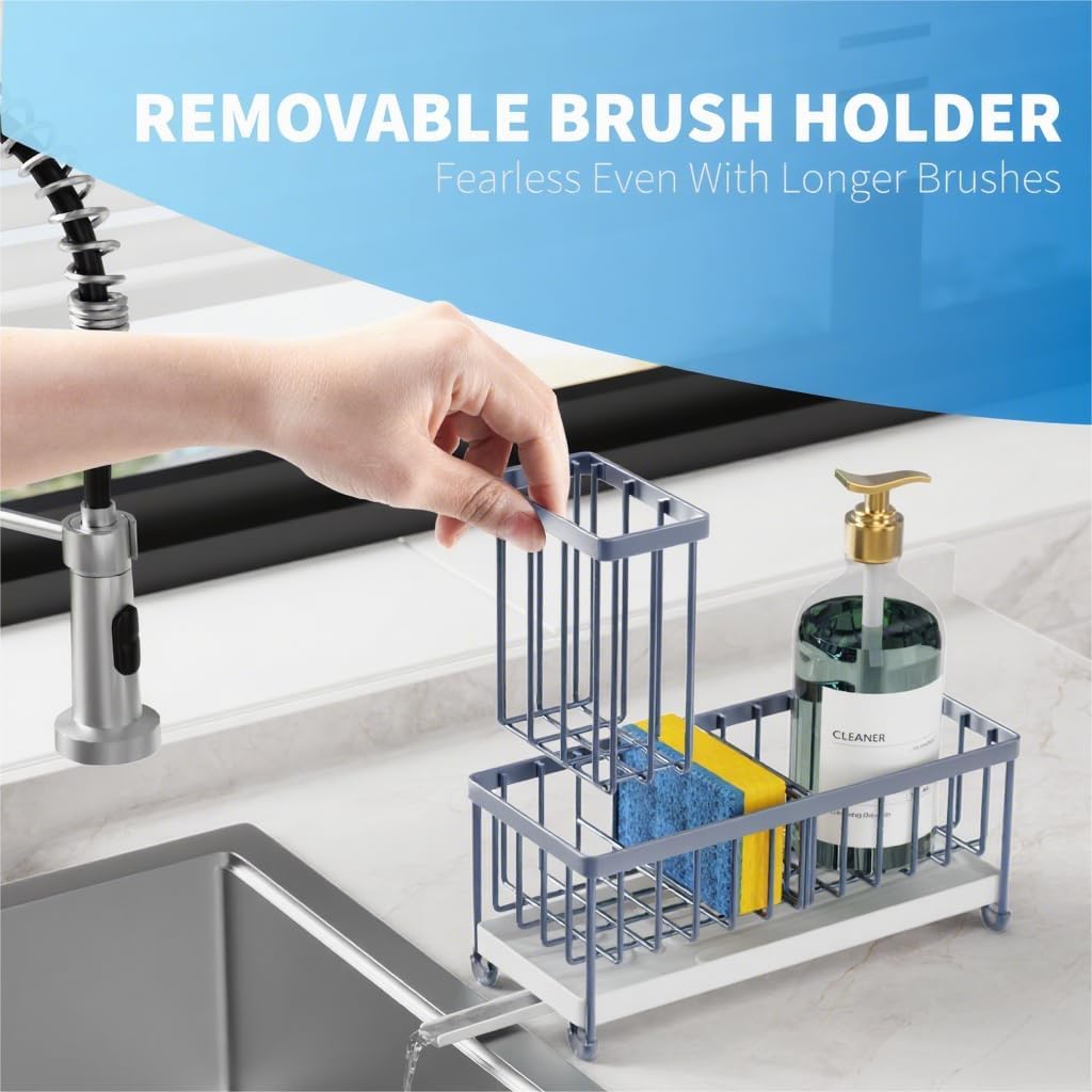 Cisily Blue Gray Sponge Holder for Kitchen Sink, Sink Caddy Organizer with High Brush Holder