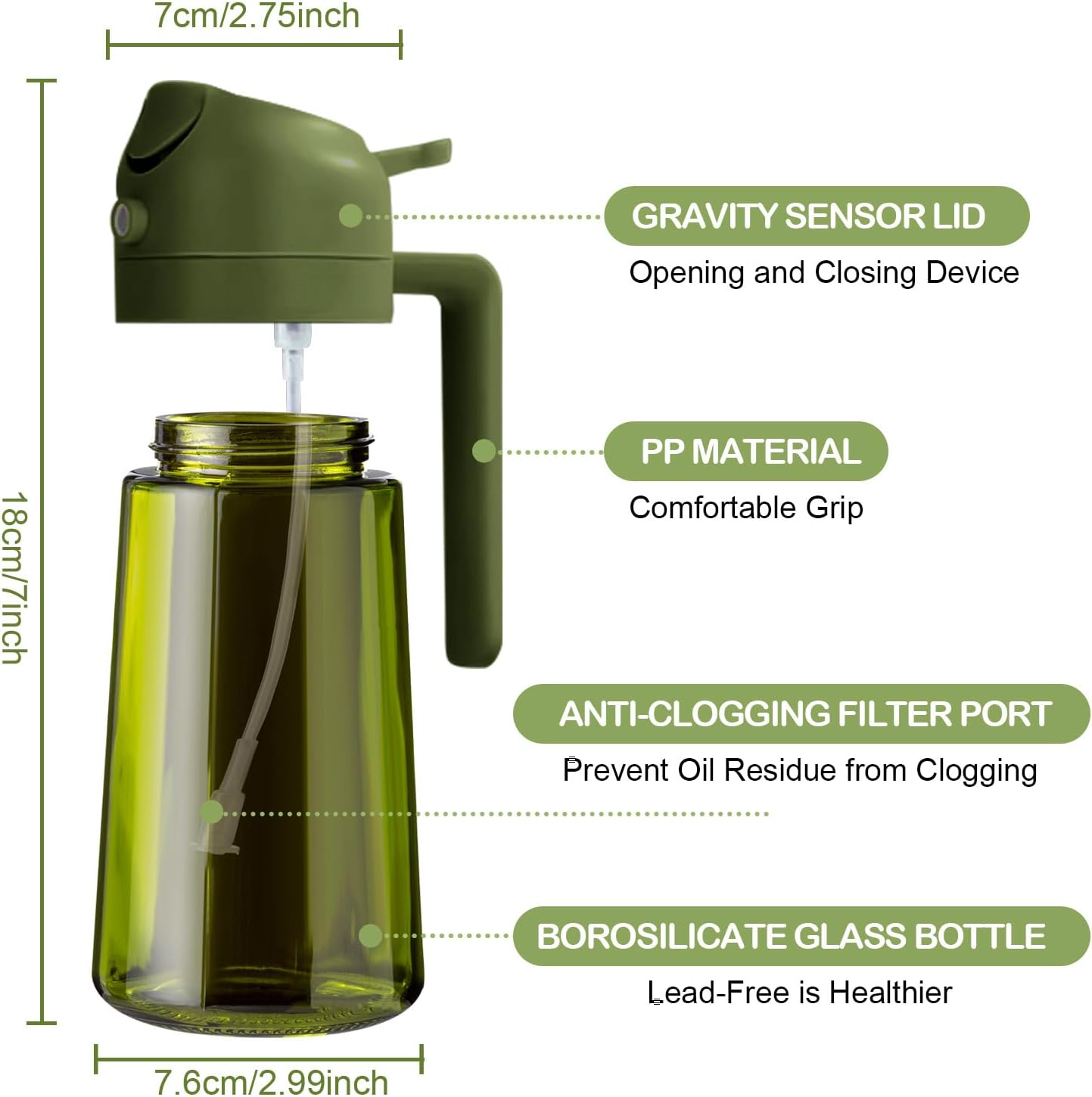 YARRAMATE 16oz/470ml Dark Green Oil Sprayer for Cooking with Stickers, Food-grade Premium 2 in 1