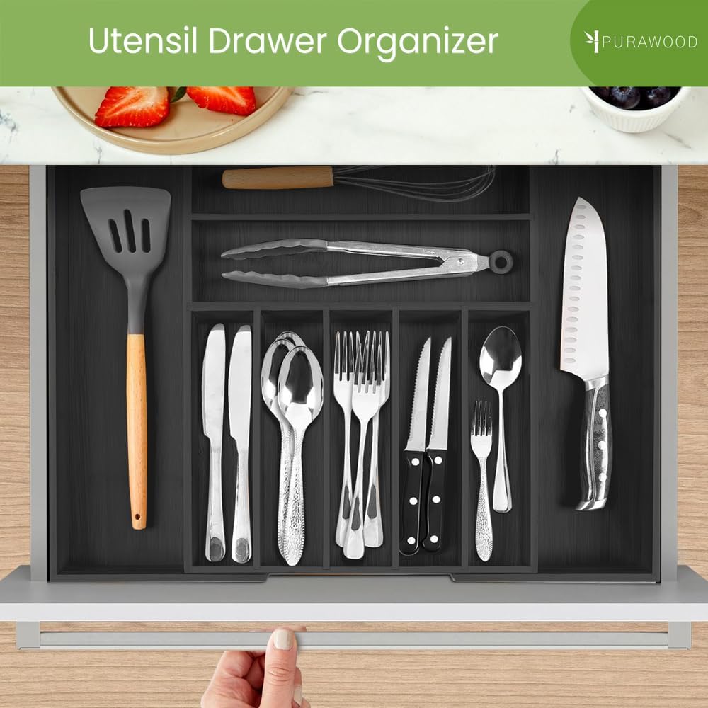 Purawood Bamboo Drawer Organizer - Expandable Silverware Organizer & Utensil Organizer, Cutlery
