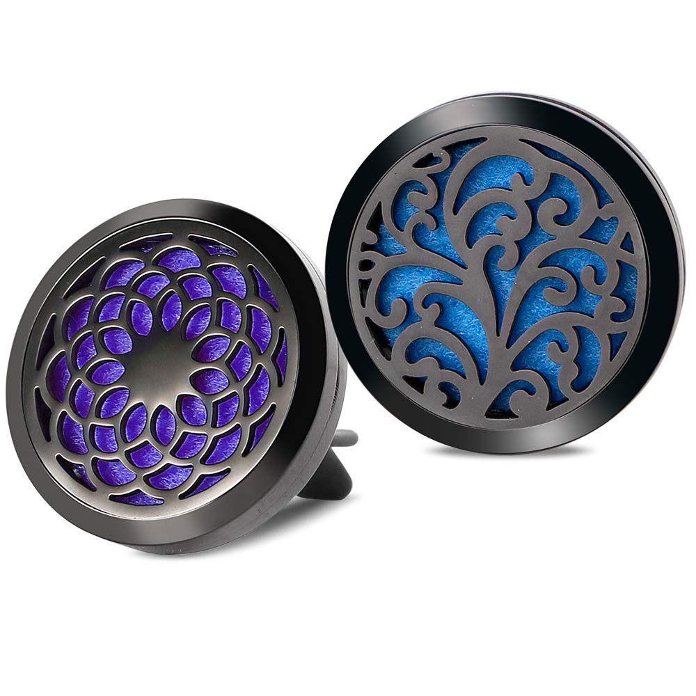 2PCS 30mm Car Aromatherapy Essential Oil Diffuser Stainless Steel Black Locket with Vent Clip 12