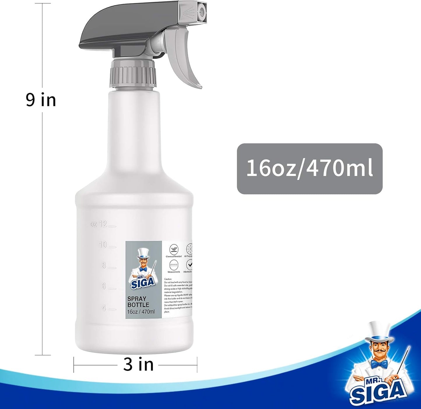 MR.SIGA 16 oz Empty Plastic Spray Bottles for Cleaning Solutions, Heavy Duty Household Reusable