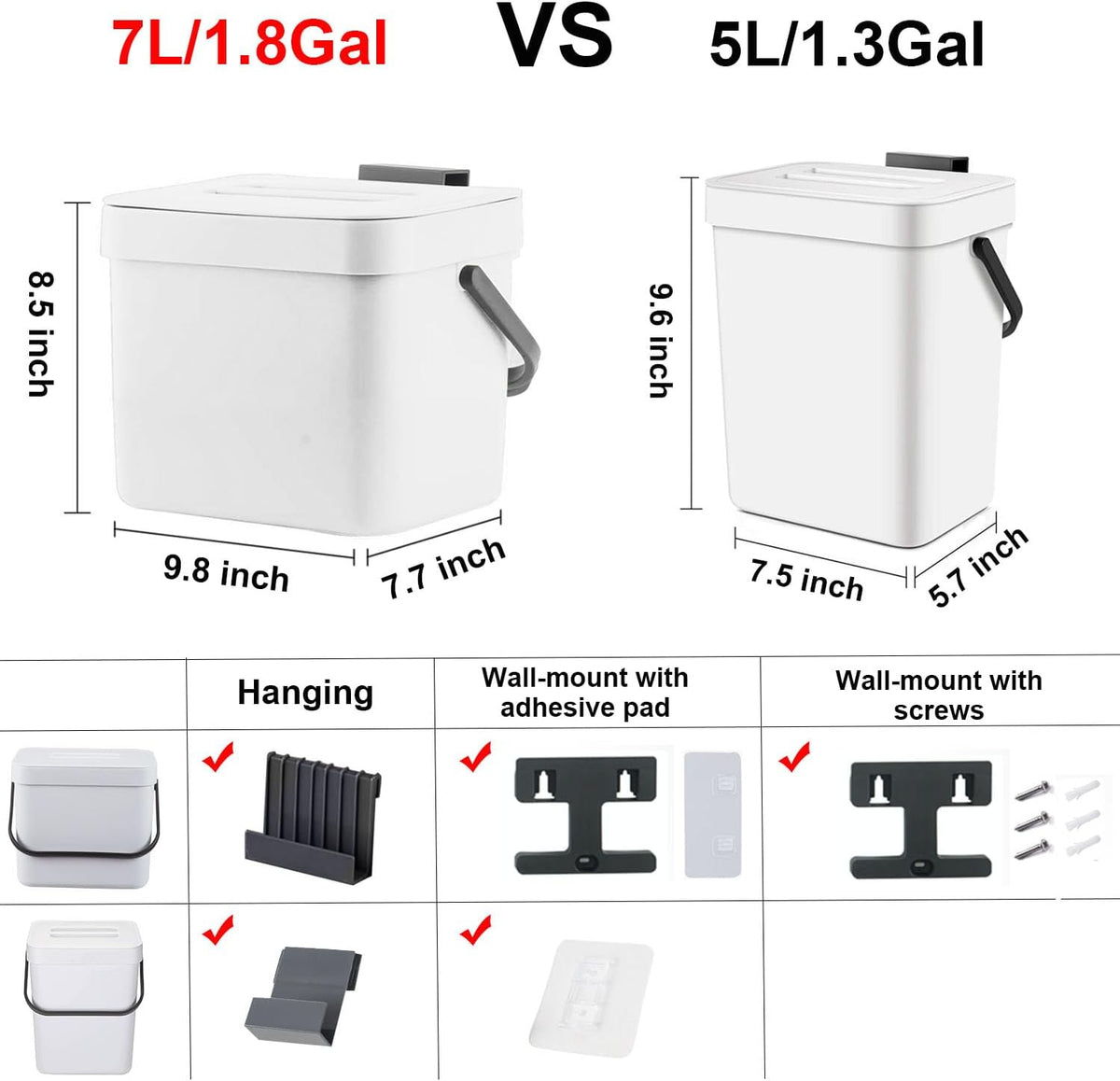 LALASTAR Trash Can with Lid, Wall-Mounted Under Sink Small Garbage Can for Kitchen, Bathroom