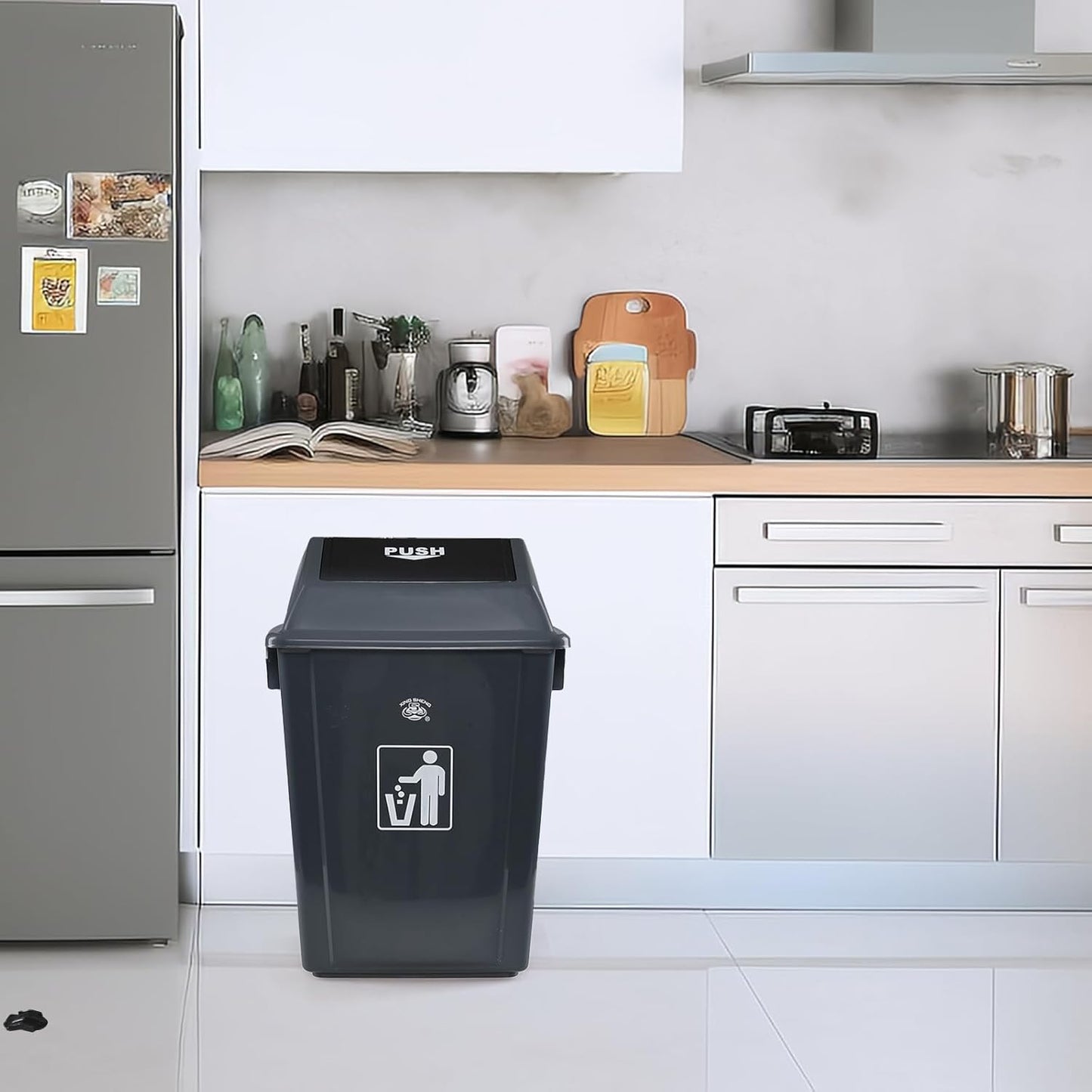 4-Pack 13 Gallon Plastic Trash Cans with Lids, Large Grey Garbage Waste Bin