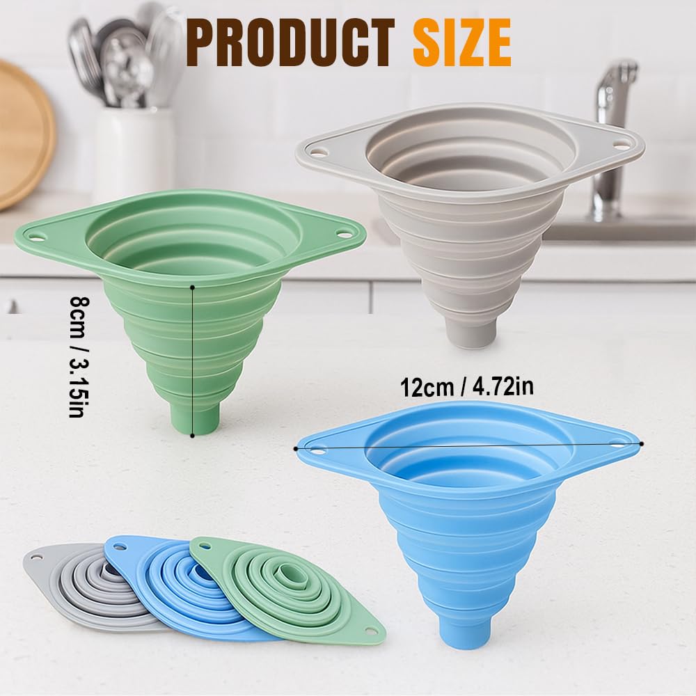 Kitchen Funnel Set 3 Pack, Collapsible Silicone Funnels for Filling Water Bottles & Small Bottles |
