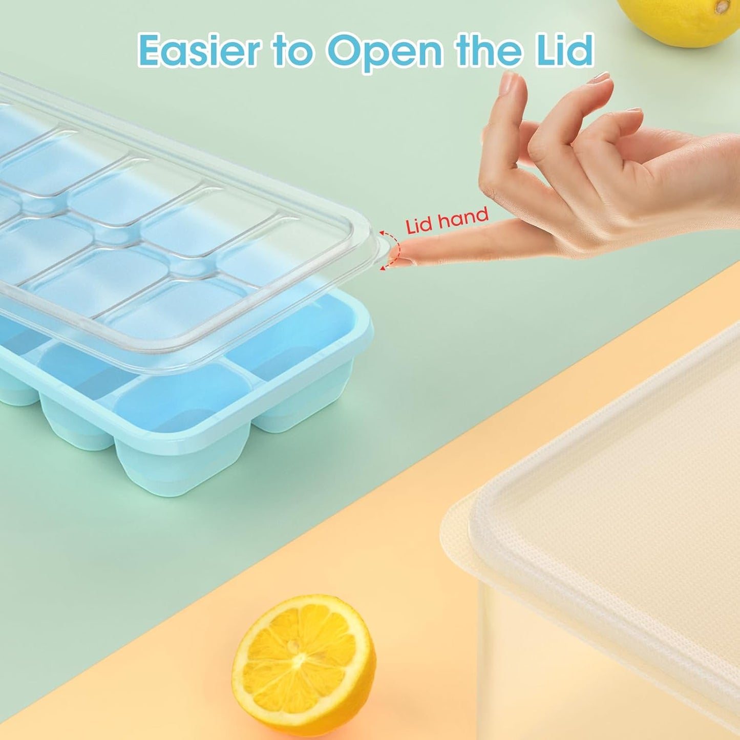 DOQAUS Ice Cube Tray with Lid and Bin, 4 Pack Silicone Plastic Ice Cubes Trays for Freezer with