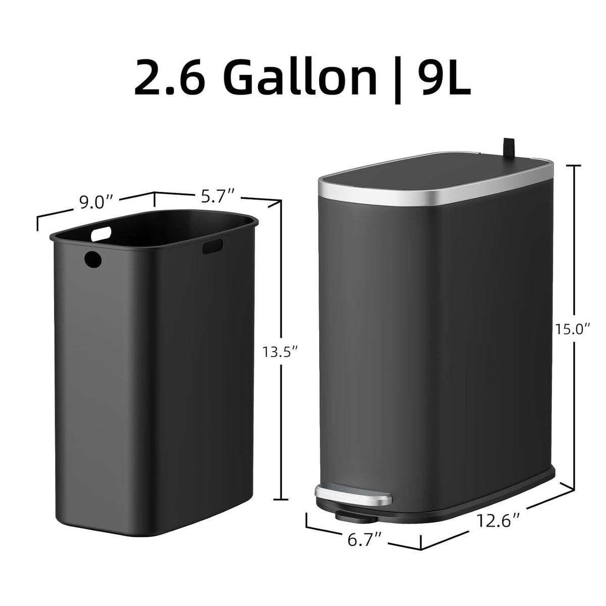 KUK Slim Bathroom Trash Can with Lid Soft Close, Step Pedal, 2.6 Gal/ 10L Stainless Steel Garbage
