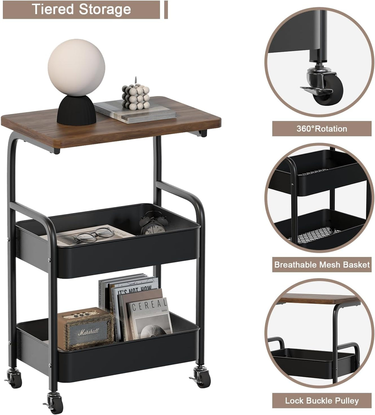 Rolling Cart with Wooden Tabletop 3-Tier Metal Utility Rolling Cart Storage Organizer with Lockable