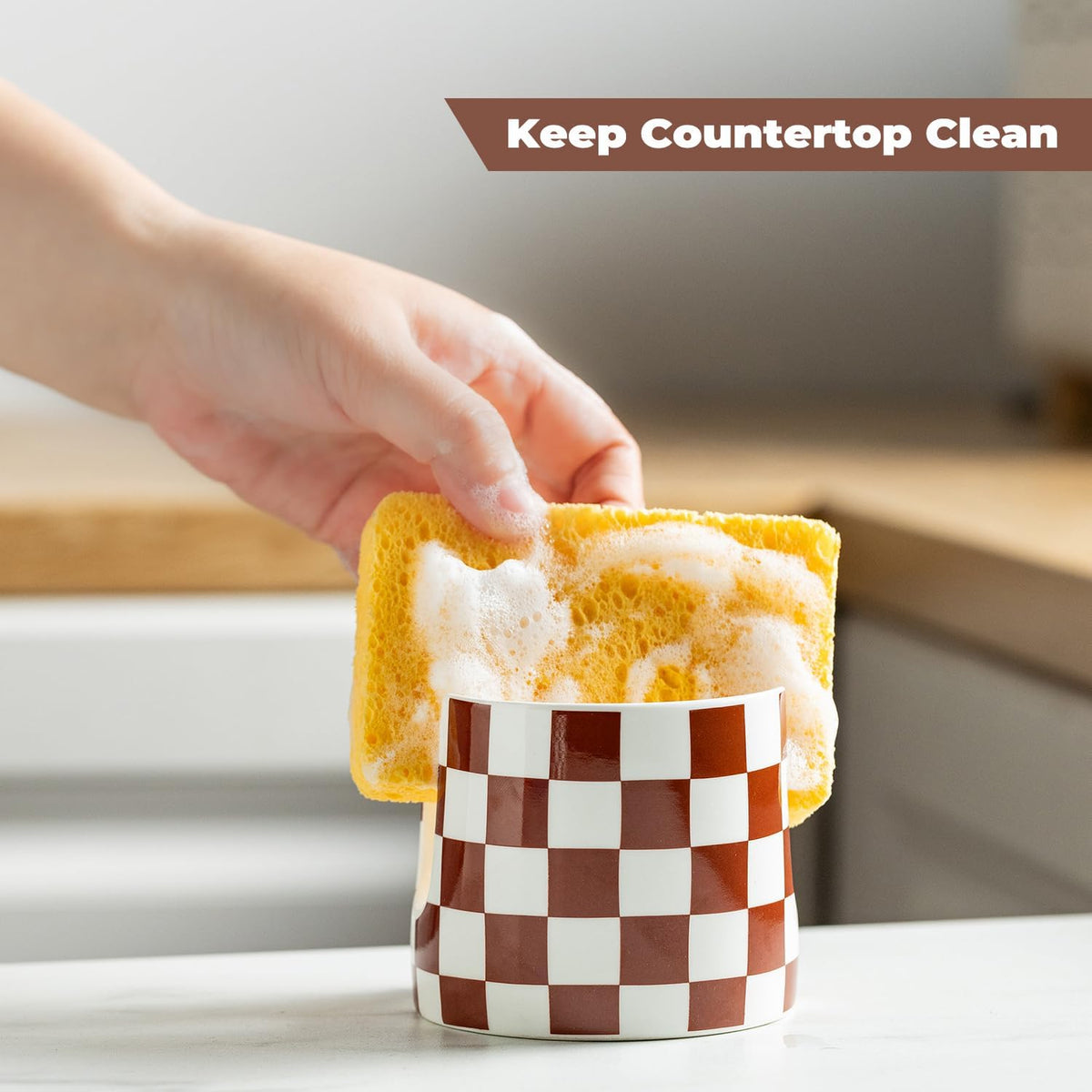 Checkered Sponge Holder for Kitchen Sink, Ceramic Dish Sponge Drying Caddy Scrubby Holder Kitchen