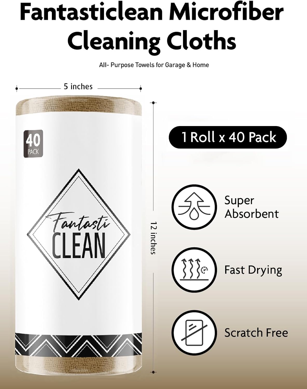 Fantasticlean Microfiber Cleaning Cloth Roll -40 Pack, Tear Away Microfiber Towels, 12" x 12"