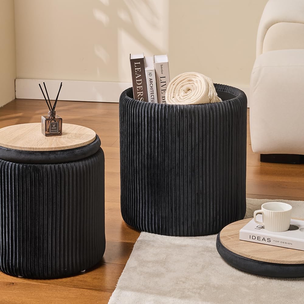 Round Set of 2 Ottoman with Storage-Upholstered Velvet Vanity Stool for Makeup Multifunctional
