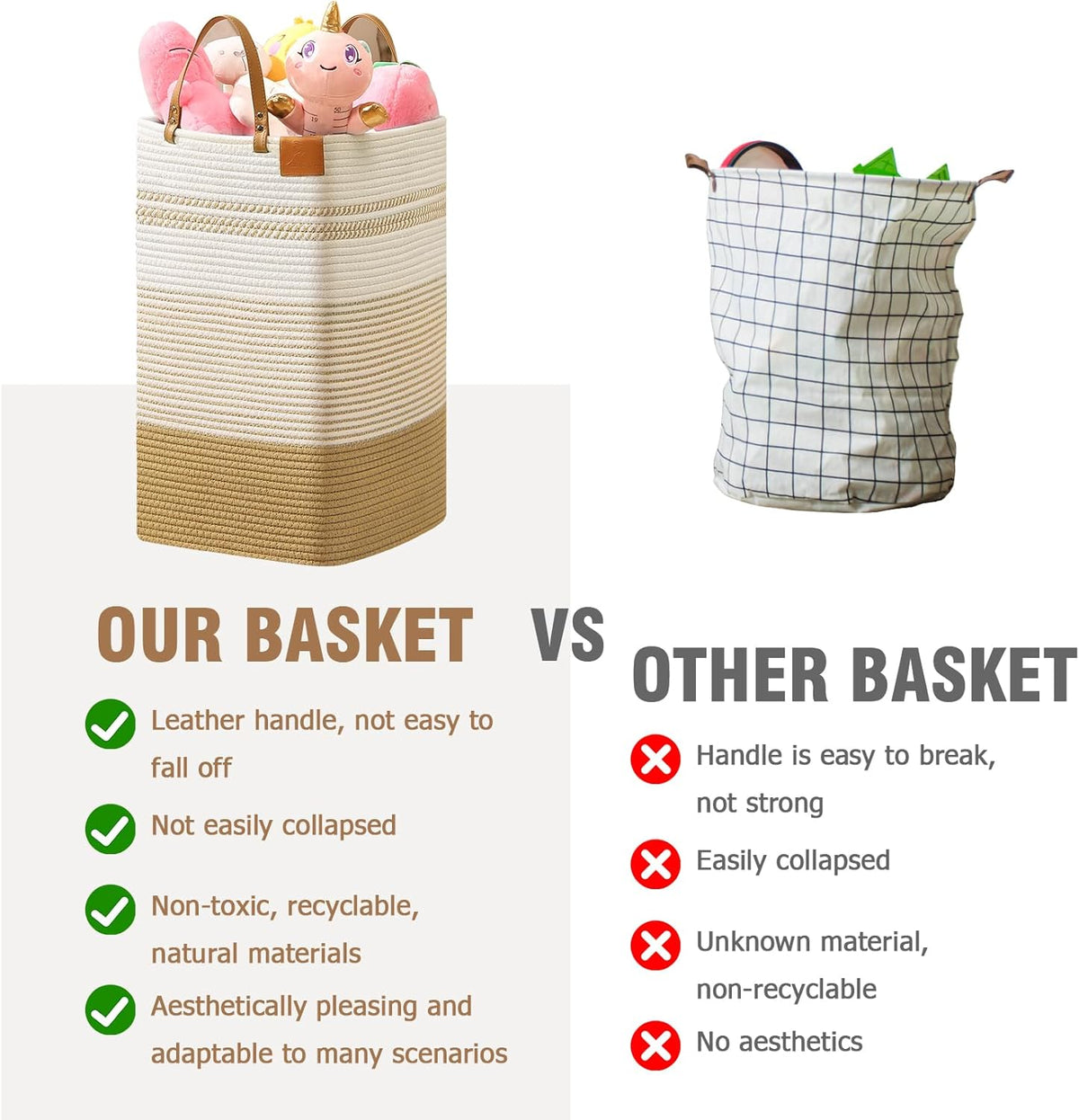 danpinera Large Laundry Hamper – 75L Tall Woven Cotton Storage Basket with Leather Handles, Slim