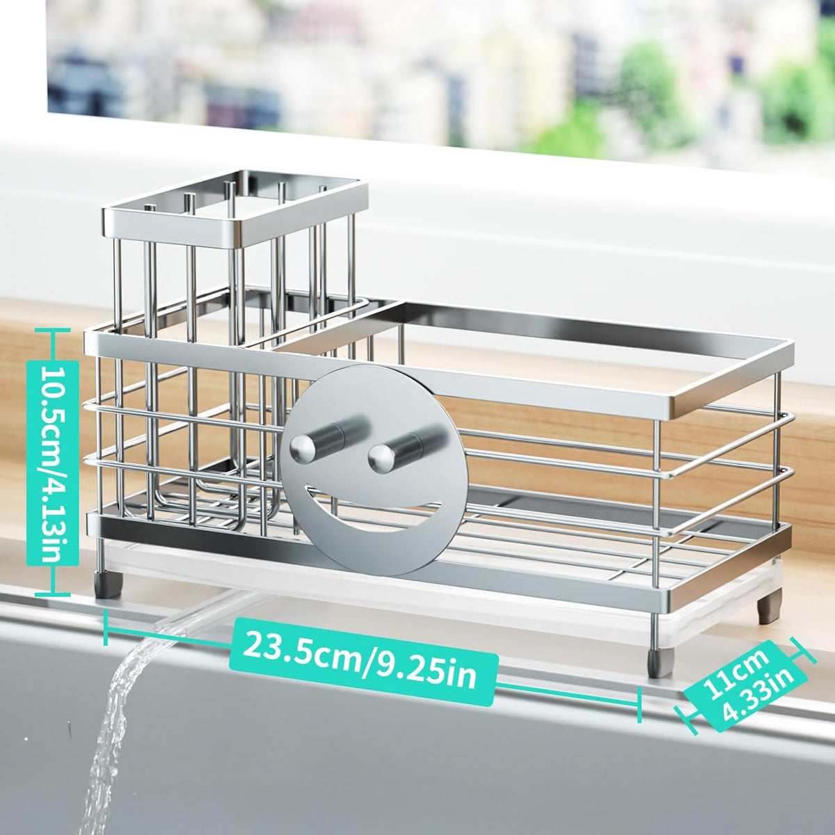 HapiRm Sponge Holder for Kitchen Sink - Self-draining Sink Caddy with Smiley Face and Brush Holder