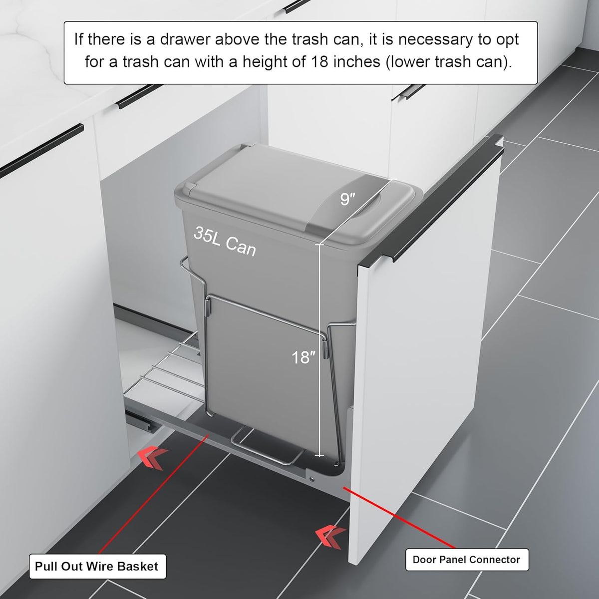 Dowell B15 Aluminum Base Wastebasket Pullout with Door Mount and 35Qt/9Gal Plastic Bin (4012