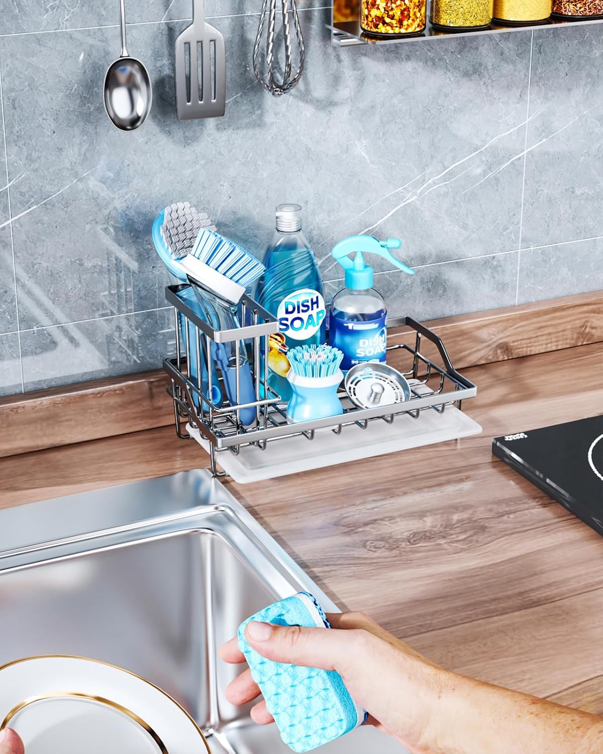 Consumest Sink Caddy, Kitchen Sponge Holder with Dish Brush Holder, Kitchen Sink Organizer with