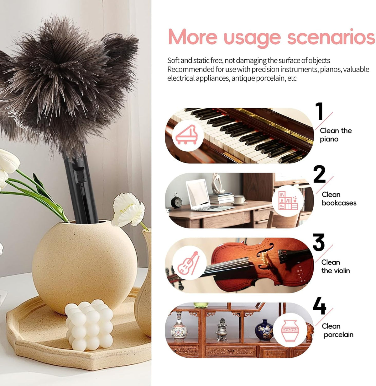 Retractable Feather Duster-Genuine Ostrich Feathers,Anti-Static,Reusable Eco-Friendly Handheld