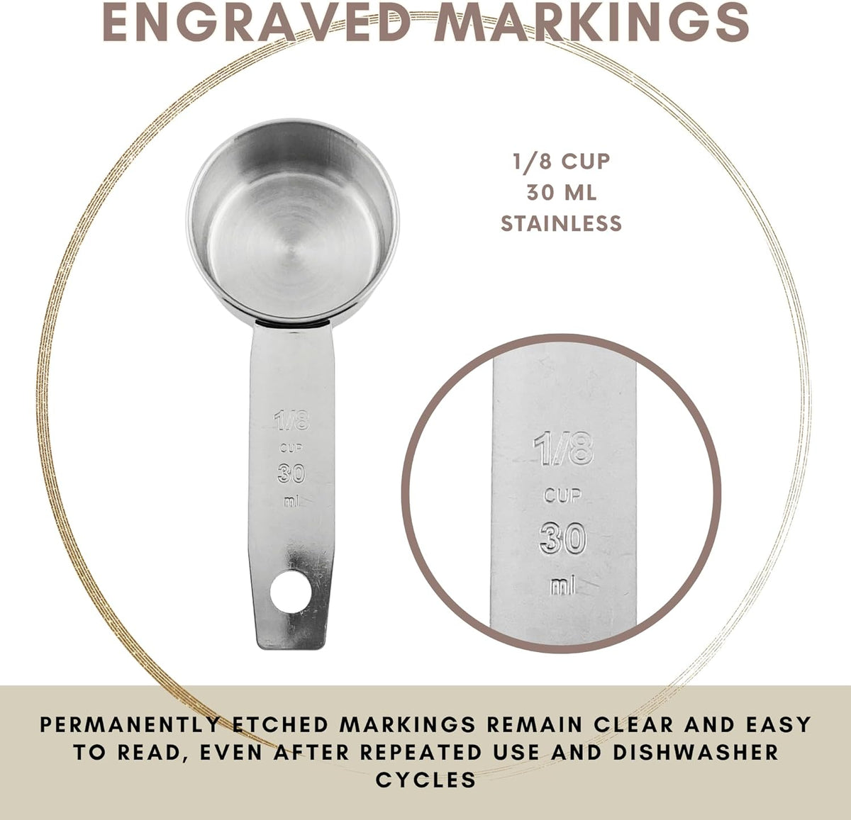 1/8 Cup Stainless Steel Measuring Cup | Sturdy Metal 30 ml | 30 cc | 1 oz | Single Cup for Wet and