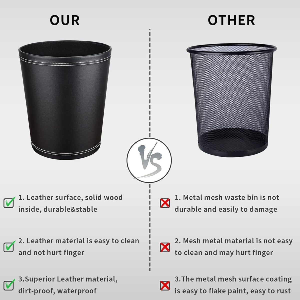 Pu Leather Trash Can, 2.6 Gallon Black Bathroom Trash Can, Small Office Garbage Can Wastebasket for