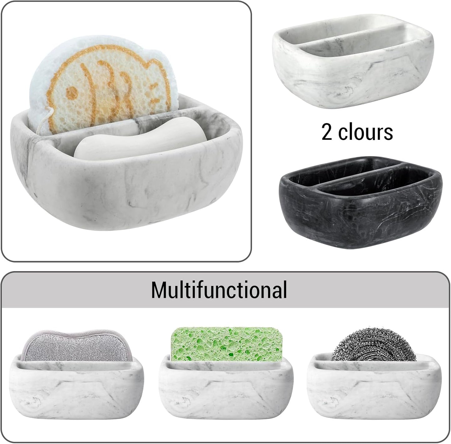 MyGift Modern White Resin Sponge Holder for Kitchen Sink, Countertop Dish Sponge Holder with 2