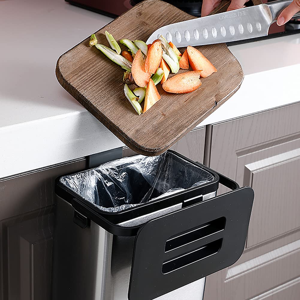 SIDIANBAN Hanging Trash Can with Lid for Kitchen Cabinet Door, 0.8 Gal/3L Stainless Steel Garbage