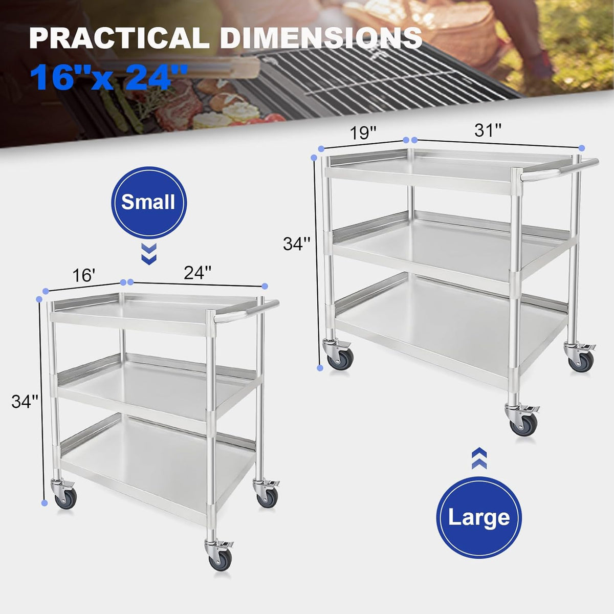 3-Shelf Stainless Steel Rolling Utility Cart - Heavy-Duty Metal Mobile Storage with Handle &