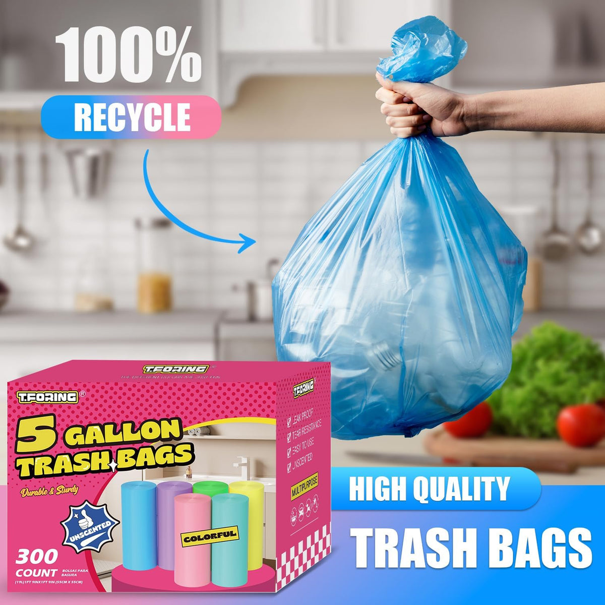 300 Count 5 Gallon Trash Bags - 18 Liter Colored Small Garbage Bags Unscented Wastebasket Liners