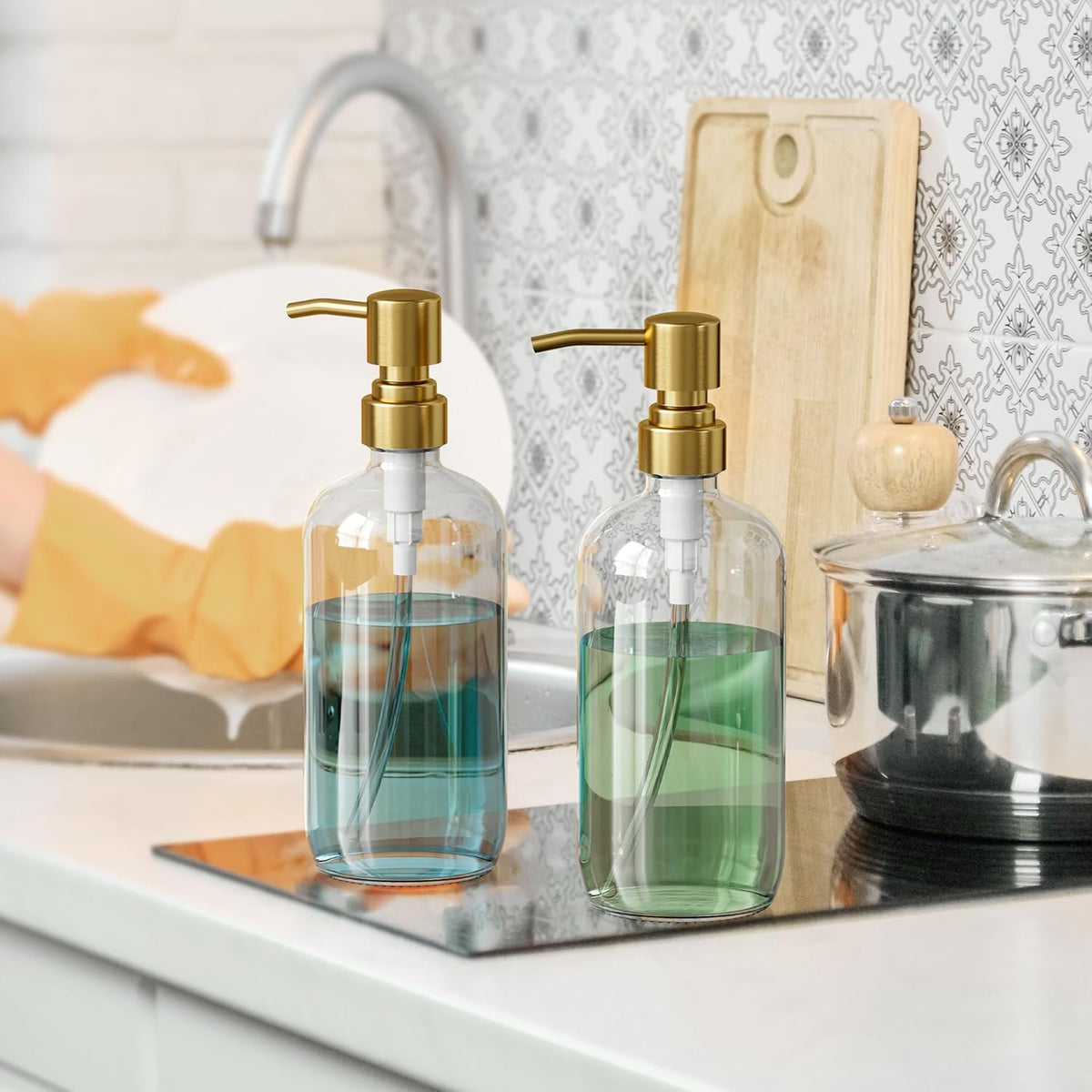 AmazerBath Soap Dispenser, 2 Pack Glass Soap Dispenser with Pump Stainless Steel, 17 Oz Clear Gold