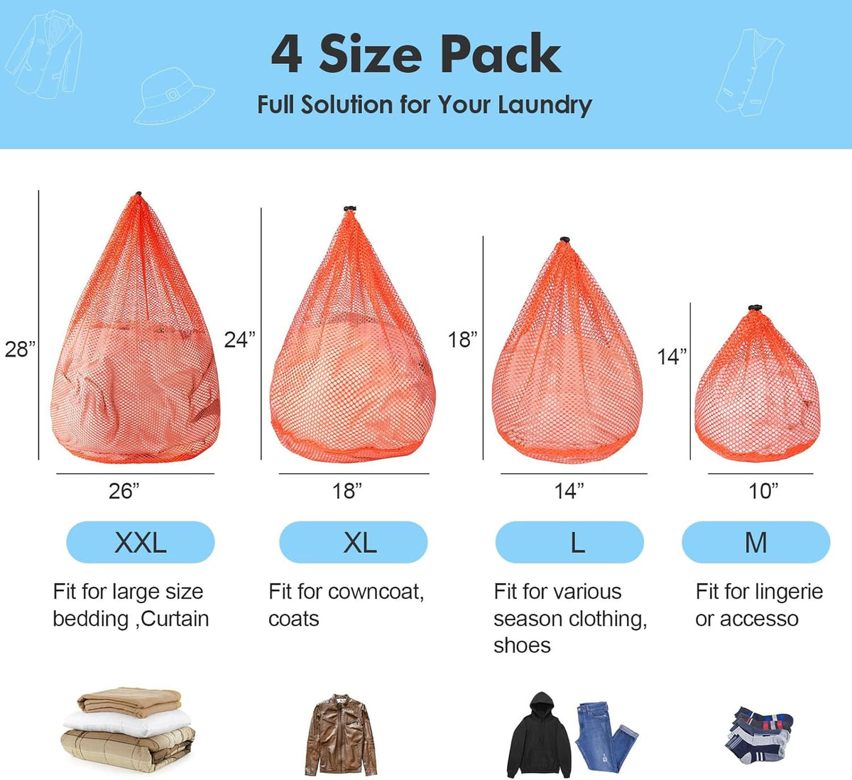 4Pcs Mesh Laundry Bags Washing Machine Mesh Wash Bags for Clothes,Underwear,Lingerie, Bed Linen