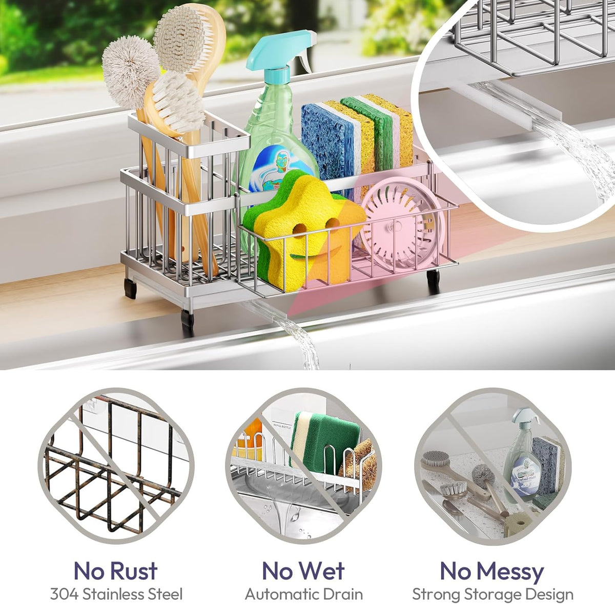 SWTYMIKI Sink Caddy Sponge Holder - Large Sponge Holder for Kitchen Sink with 360°Auto-Drain Tray