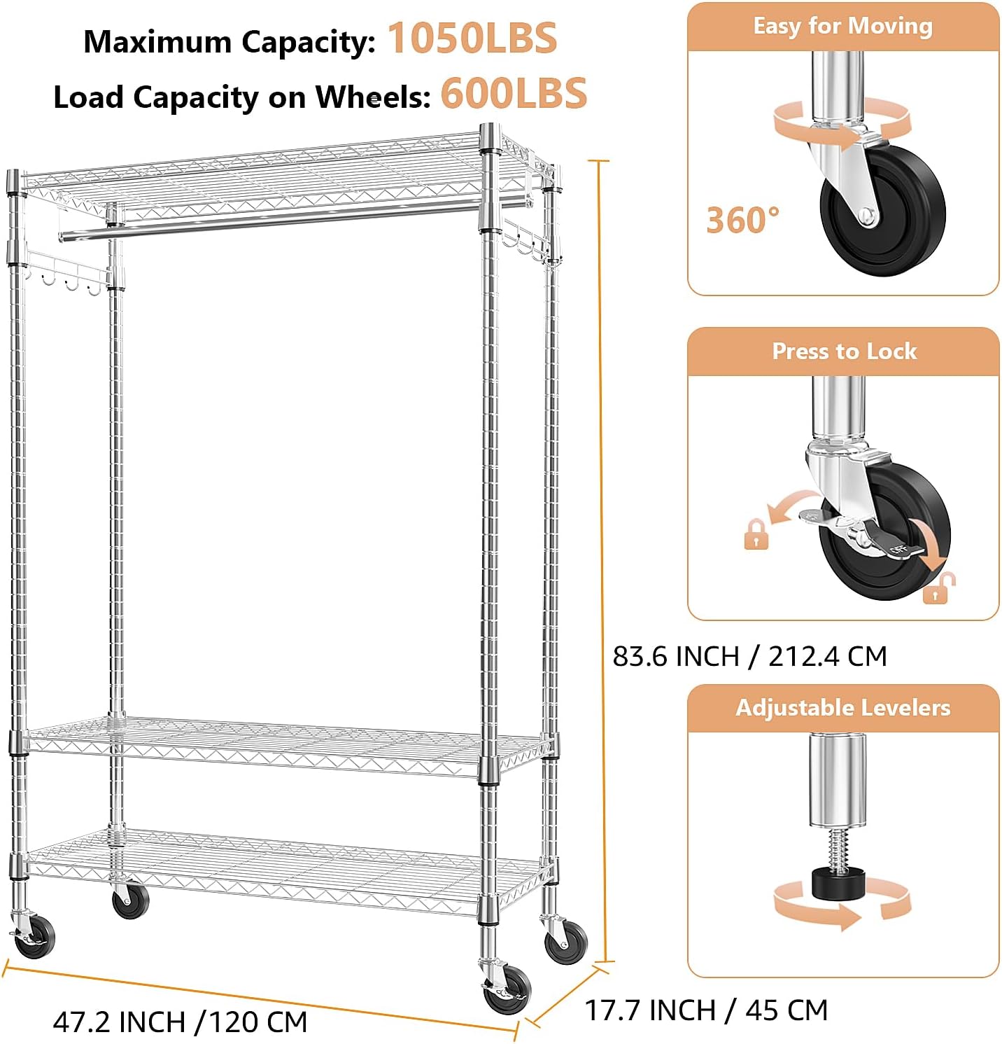 Heavy Duty Rolling Garment Rack 3 Tiers Adjustable Wire Shelving Clothes Rack with Rods and Side