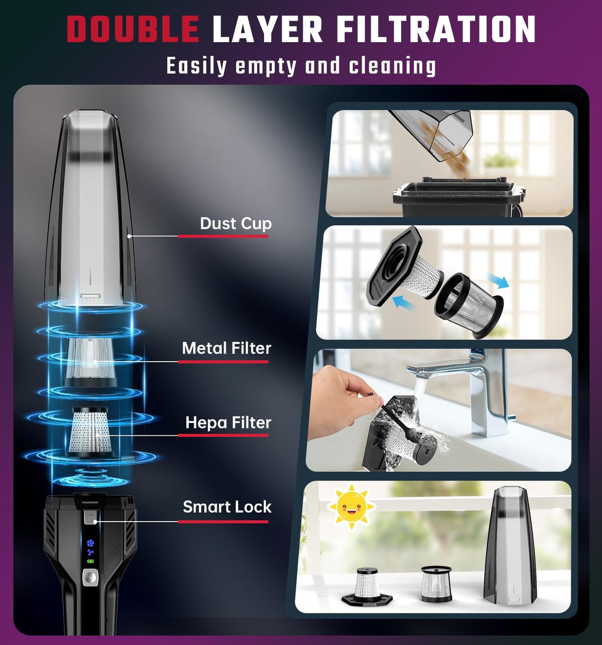 Handheld Vacuum Cordless, 9000PA Strong Suction, 2 Suction Modes, Fast Type-C Charging