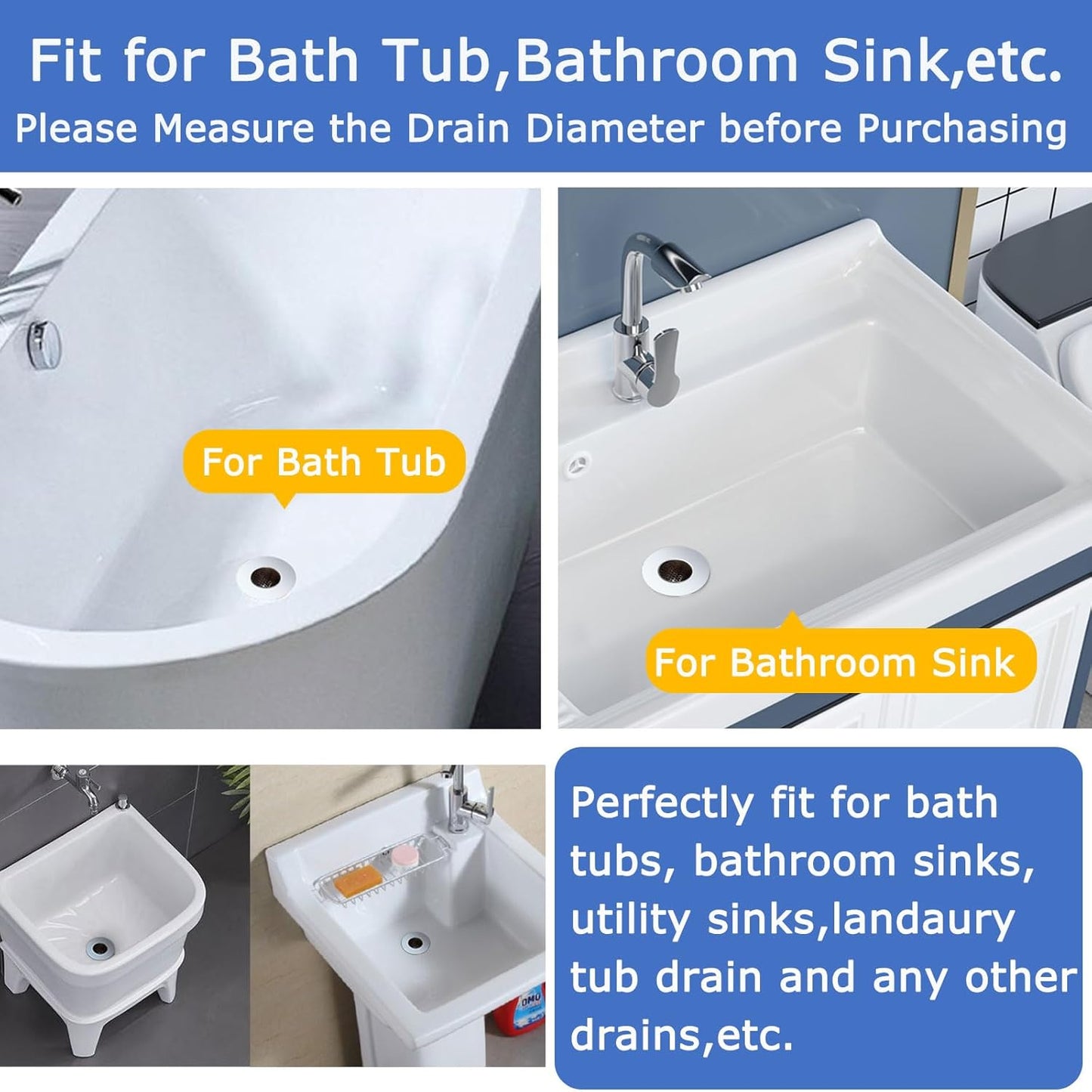 Bathroom Sink Drain Strainers for 1.1"-1.6" Depth Than 1.6" Drain Hole Catcher for Laundry