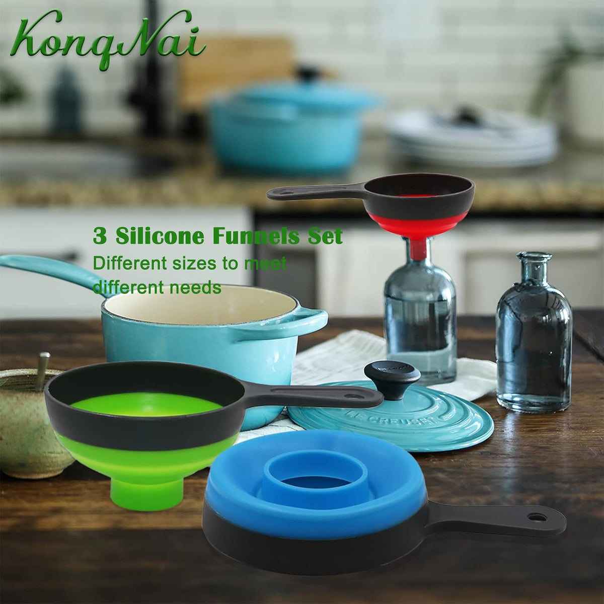KongNai Canning Funnel for Wide and Regular Jars,Wide Mouth Funnels Sets of 3, Large for Mason Jar