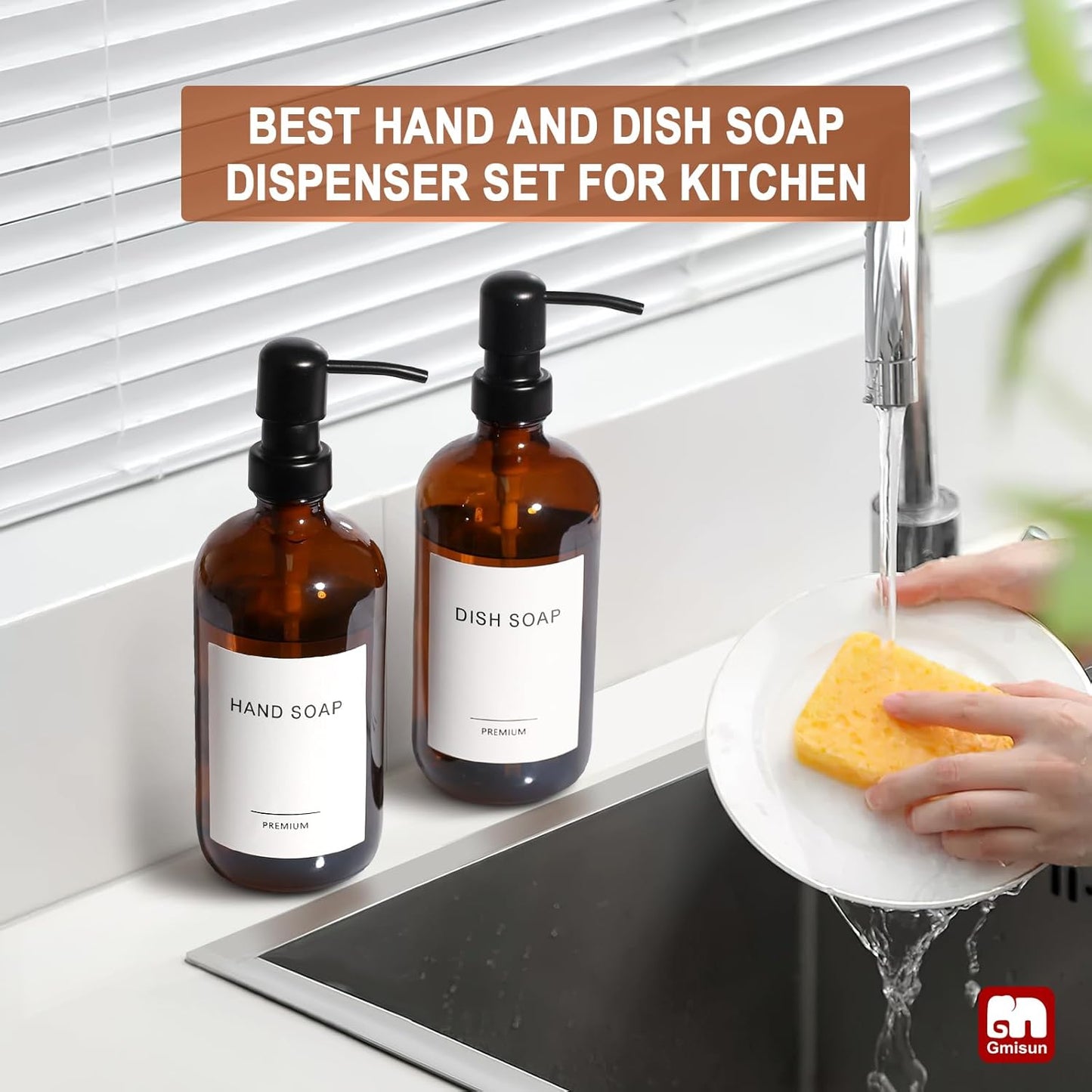 GMISUN Amber Glass Soap Dispenser, 4 Pack Bathroom Hand Soap Dispensers with Stainless Steel Pump
