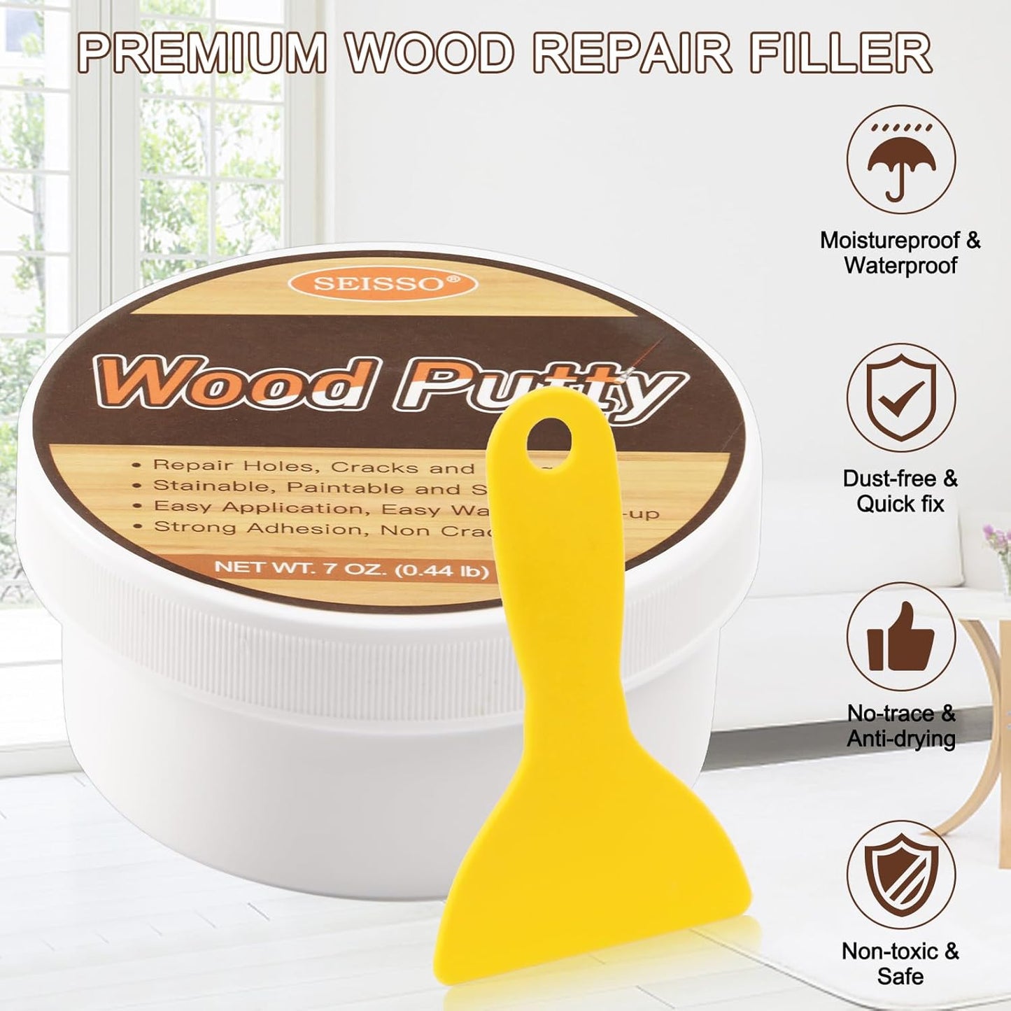 SEISSO Wood Putty, Water-Based Woods Filler, White Wooden Putty for Trim, Woods Filler Paintable