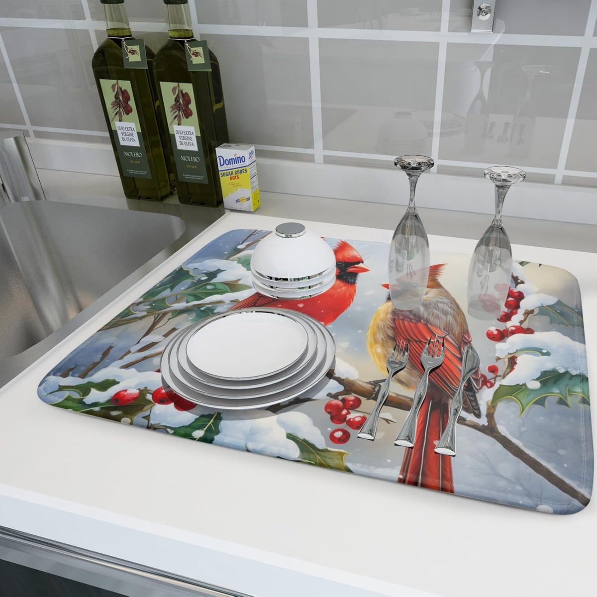 Winter Cardinal Birds Dish Drying Mat, Holly Berry Branches Dish Drying Mat for Kitchen Counter