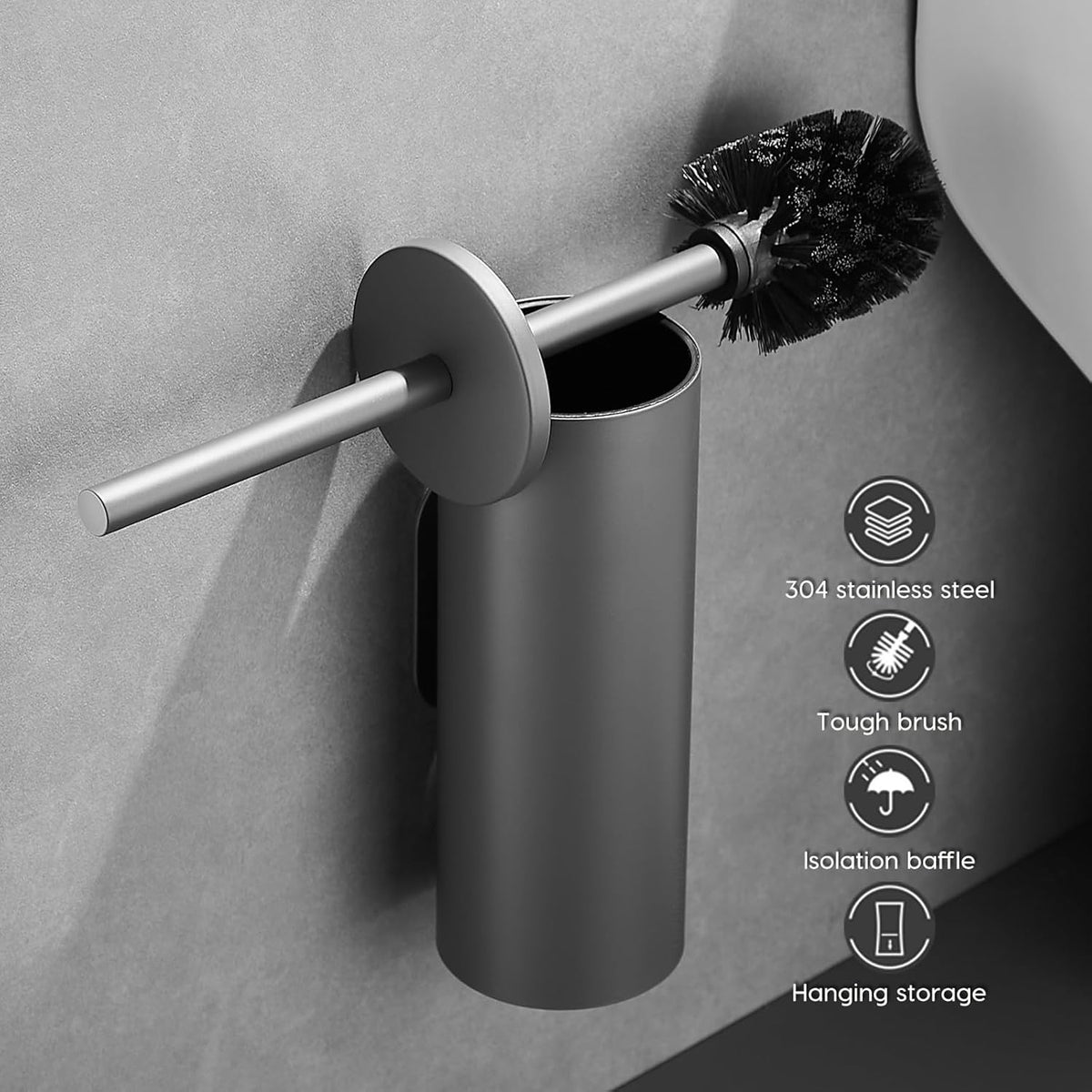 Stainless Steel Toilet Brush and Holder Set, No-Punch Hook Base Dual Purpose Toilet Brush Holder