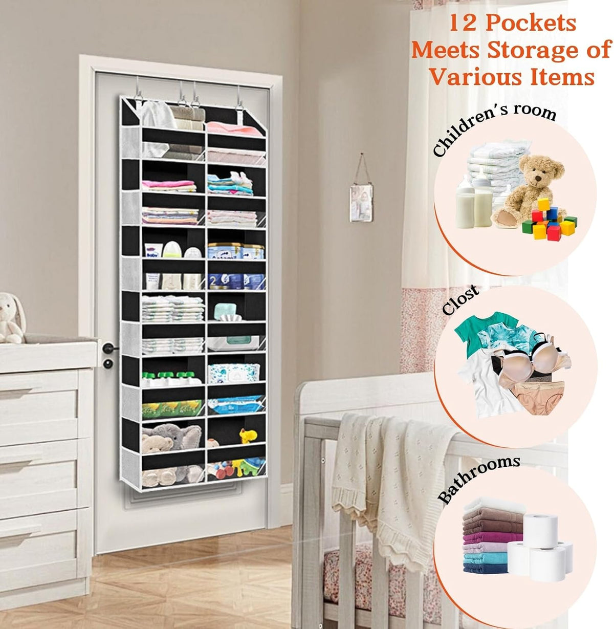 Over The Door Organizer 6 Tiers, Extra Large Behind Door Storage of 12 Compartments, 80 lbs Weight