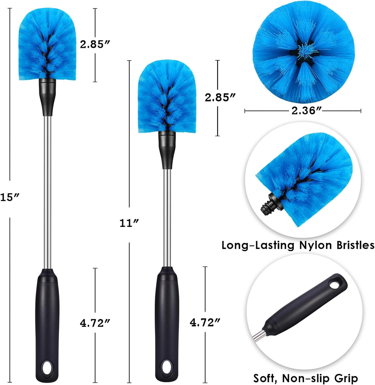 Stainless Steel Bottle Brush with Replaceable Head, Long Handle Scrub Brush for Water Bottles