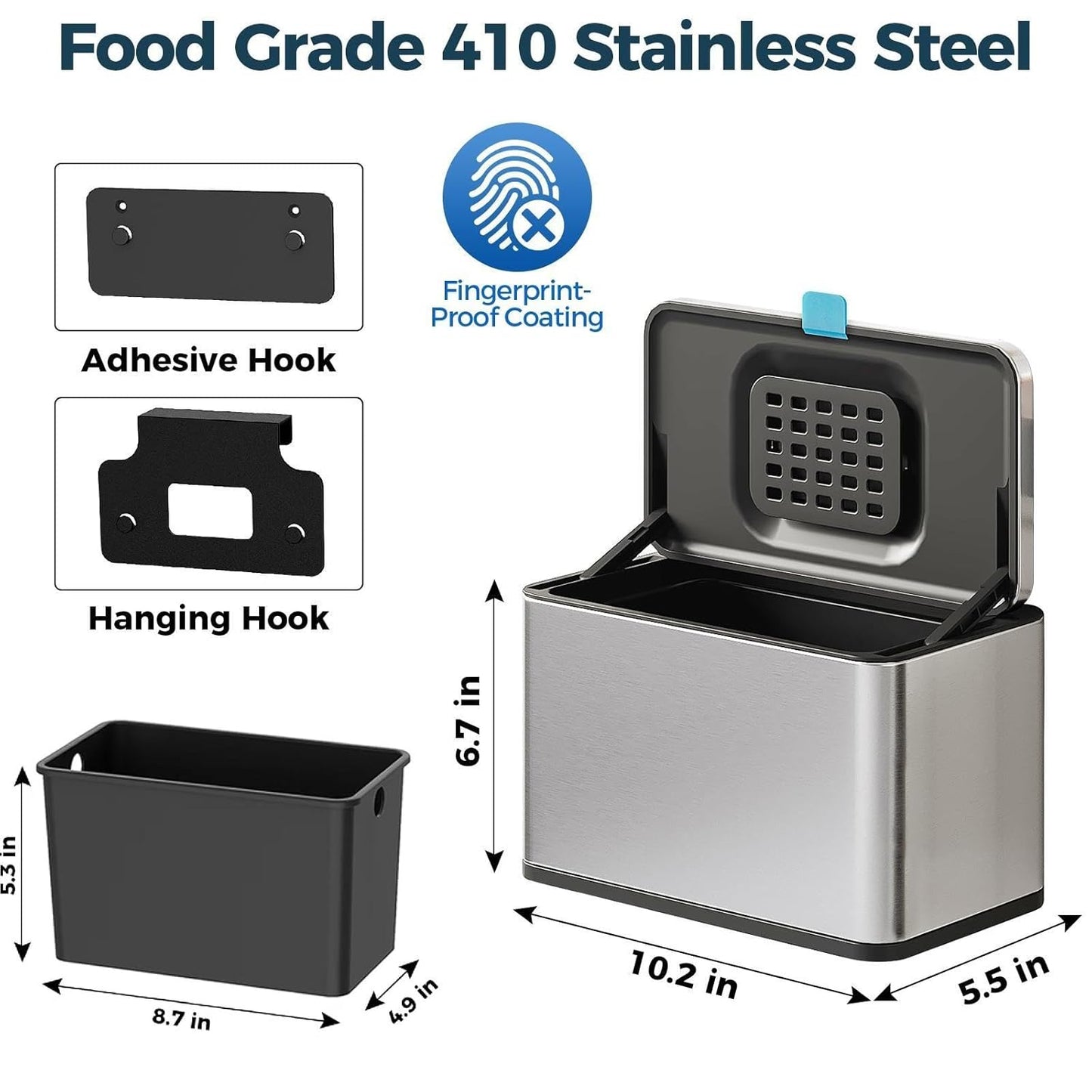 Stainless Steel Hanging Trash Can with Lid and Inner Bucket, 1 Gallon Kitchen Compost Bin for